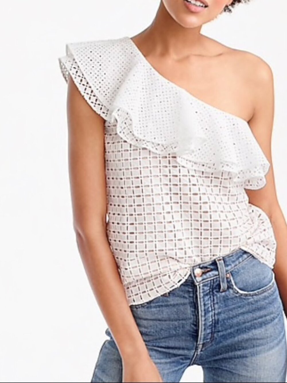 J. Crew One-Shoulder Ruffle Eyelet Top White 2